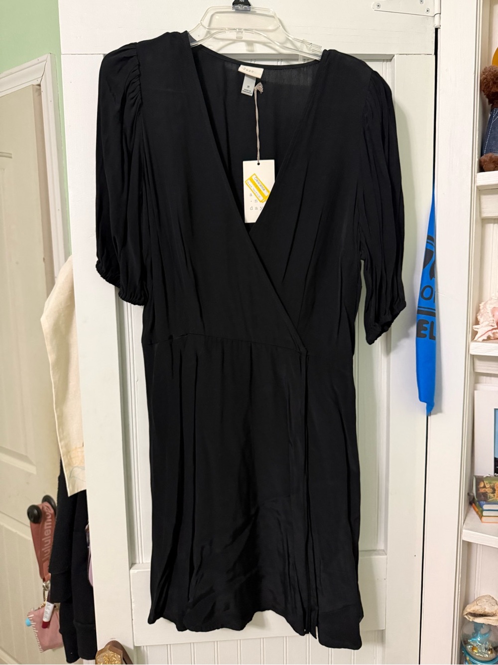 a new day Black Wrap Midi Dress with Puff Sleeves